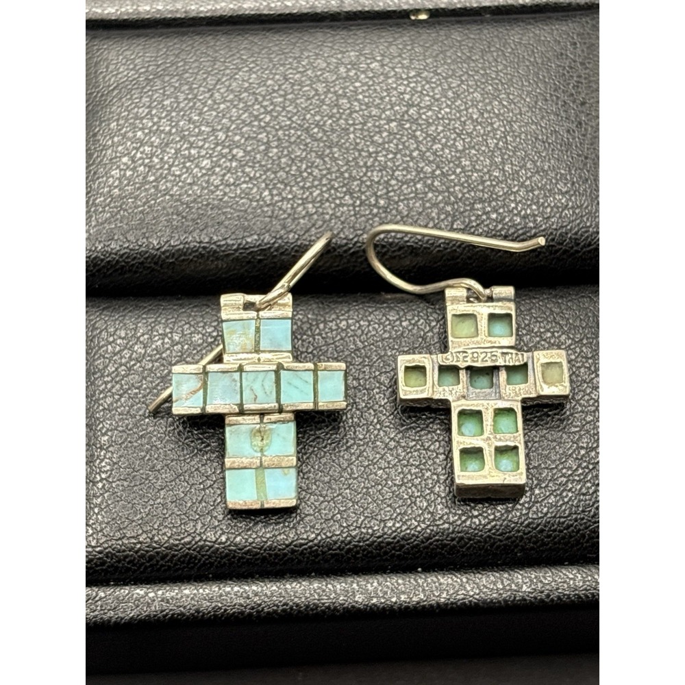 Vintage Sterling Silver Turquoise Inlay Cross Earrings 6 Gram G22 - Picture 8 of 9